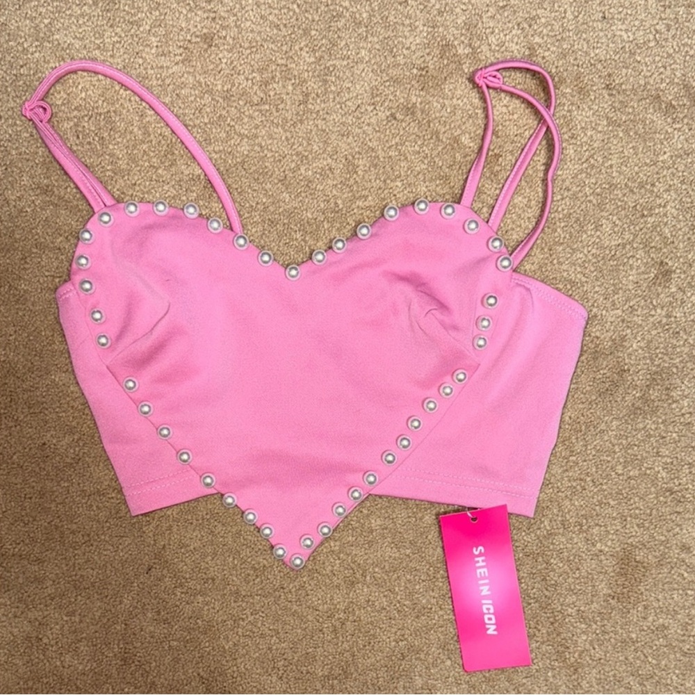 SHEIN Pink Pearl-Studded Crop Top